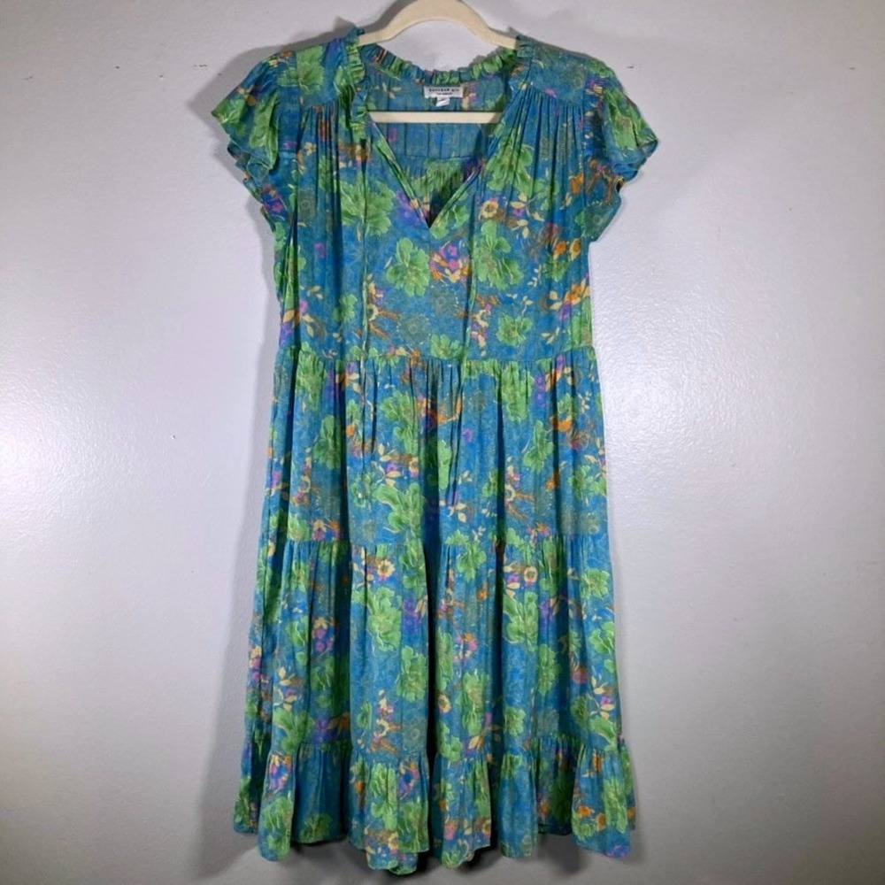 Current Air Los Angeles Floral Tiered Midi Dress Blue Green Ruffle Neck Medium
